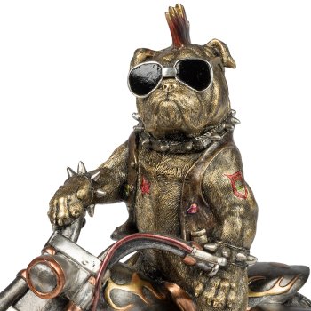 Preview: Detailansicht Bulldogge auf Motorrad mit Sonnenbrille antik-gold 34 cm handbemalt 759214 formano