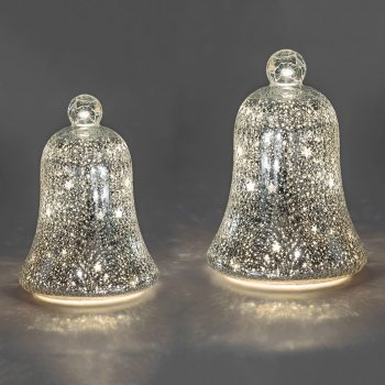 Deko-Glocke Sterne-Silber 17 o. 22 cm mit LED-Licht Glas 814982 814999 formano