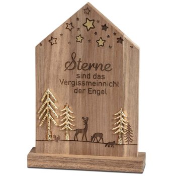 Preview: Deko Haus mit Baum mit Spruch Sterne Engel 20 cm Holz + Metall 544827 formano