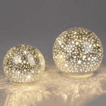 Deko-Kugel 12 o. 15 cm Silber Sterne mit LED-Licht Glas 750013 750020 formano
