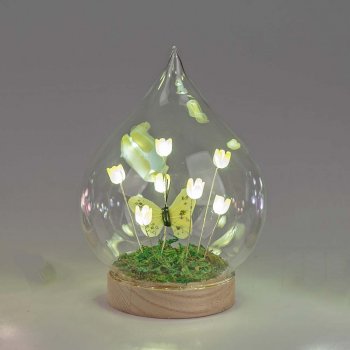 Preview: Deko-Kugel 14 cm gelb auf Holzsockel Blumendeko mit LED-Licht Glas 816627 formano