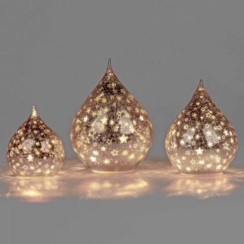 Deko-Tropfen 15, 20 o. 23 cm Rose-Gold Sterne mit LED-Licht Glas 750150 750174 750198 formano