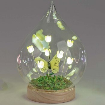 Preview: Deko-Kugel 16 cm gelb auf Holzsockel Blumendeko mit LED-Licht Glas 816634 formano