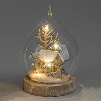 Deko-Kugel 17 cm Haus + Hirsch + Tanne + Schnee mit LED-Licht Glas 816139 formano