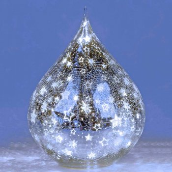 Preview: Deko-Tropfen 23 cm Sterne-Silber mit LED-Licht Glas 750051 formano