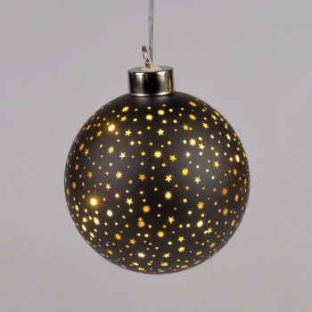 Preview: Hänger Kugel 10 cm Sterne-Schwarz mit LED-Licht Glas 814531 formano