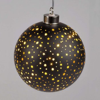 Preview: Hänger Kugel 12 cm Sterne-Schwarz mit LED-Licht Glas 814548 formano