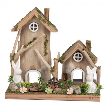 Häuser + Hasen 24 cm Holz Keramik 583864 Ostern formano