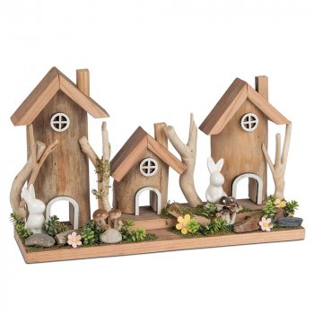 3 Häuser + Hasen 37 cm Holz Keramik 583871 Ostern formano