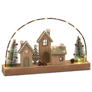 Preview: Häuserzeile mit Lichtbogen 35 cm grün aus Holz Led-Licht 544452 formano