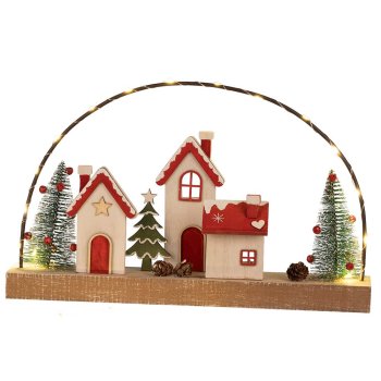 Preview: Häuserzeile mit Lichtbogen 35 cm rot aus Holz Led-Licht 544452 formano