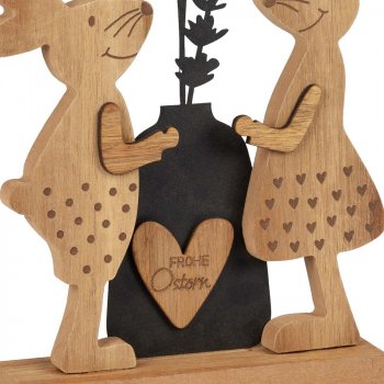 Preview: Detailansicht 2 Hasen Holz + Blumen Vase Metall 30 cm 587268 Ostern formano