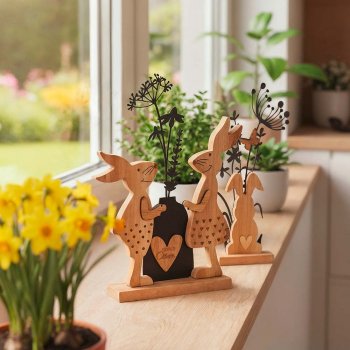 Preview: 2 Hasen Holz + Blumen Vase Metall 30 cm Werbefoto 587268 Ostern formano