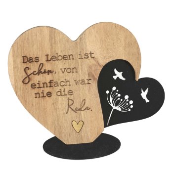 Preview: Deko Herz auf Fuß mit Spruch Das Leben 20 cm Holz + Metall 587671 formano