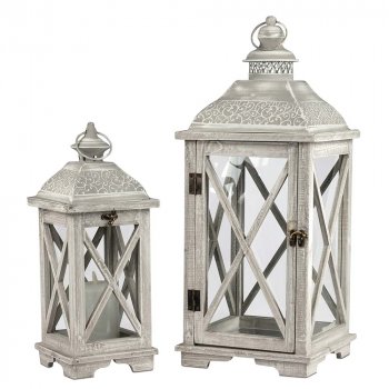 Laternen Set 2tlg. Holz grau-weiß Metall Dach 659187 formano
