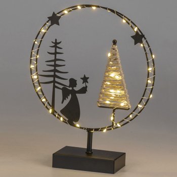 Preview: Ring auf Fuss 43 cm mit Baum + Engel schwarz mit LED-Licht Metall 633767 formano