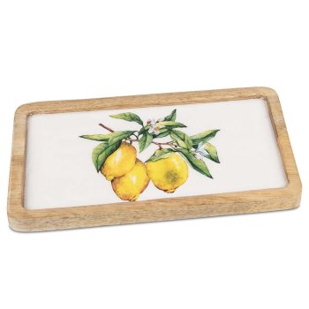 Tablett 25 cm weisser Emaille-Farbe Zitronen-Dekor Mango-Holz 618771 formano