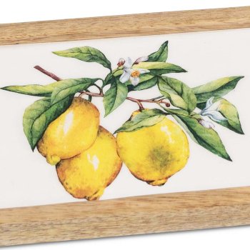 Preview: Detailansicht Tablett 25 cm weisser Emaille-Farbe Zitronen-Dekor Mango-Holz 618771 formano
