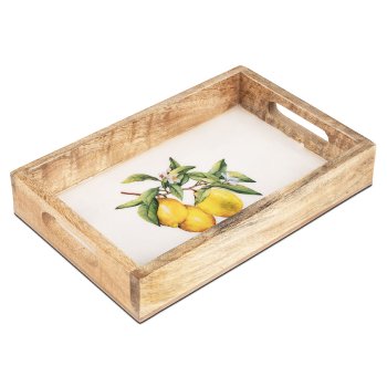 formano Tablett rechteckig 30 cm weisser Emaille-Farbe mit Zitronen-Dekor aus Mango-Holz 618825