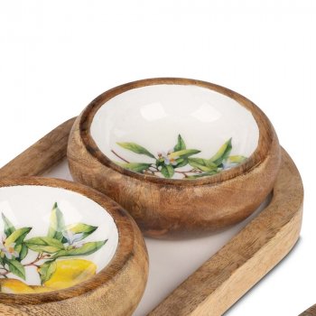 Preview: 3 Schalen rund 10 cm weisse Emaille-Farbe mit Zitronen-Dekor Mango-Holz 618856 formano