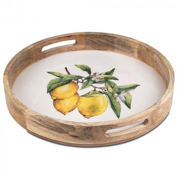 Tablett rund 40 cm weisser Emaille-Farbe Zitronen-Dekor Mango-Holz 618849 formano