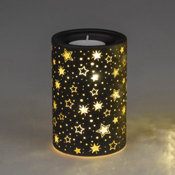 Teelichthalter Festival 12 cm schwarz-gold mit LED-Licht Glas 888488 formano