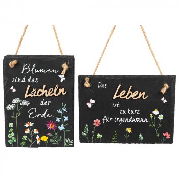 Wandbild 20 cm rechteckig Lächeln o. Leben hängend Blumendekor aus Schiefer 605146 formano