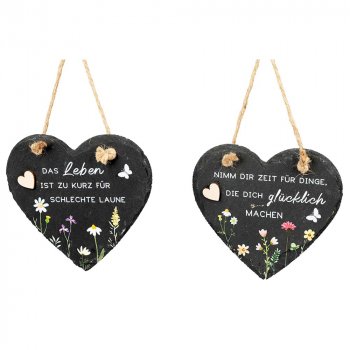 Wandbild Herz 15 cm Das Leben o. Nimm Dir Zeit hängend Blumendekor aus Schiefer 605153 formano