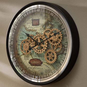 Preview: Wanduhr Weltkarte 60 cm Zahnrad Bewegung Wandbild 676610 formano