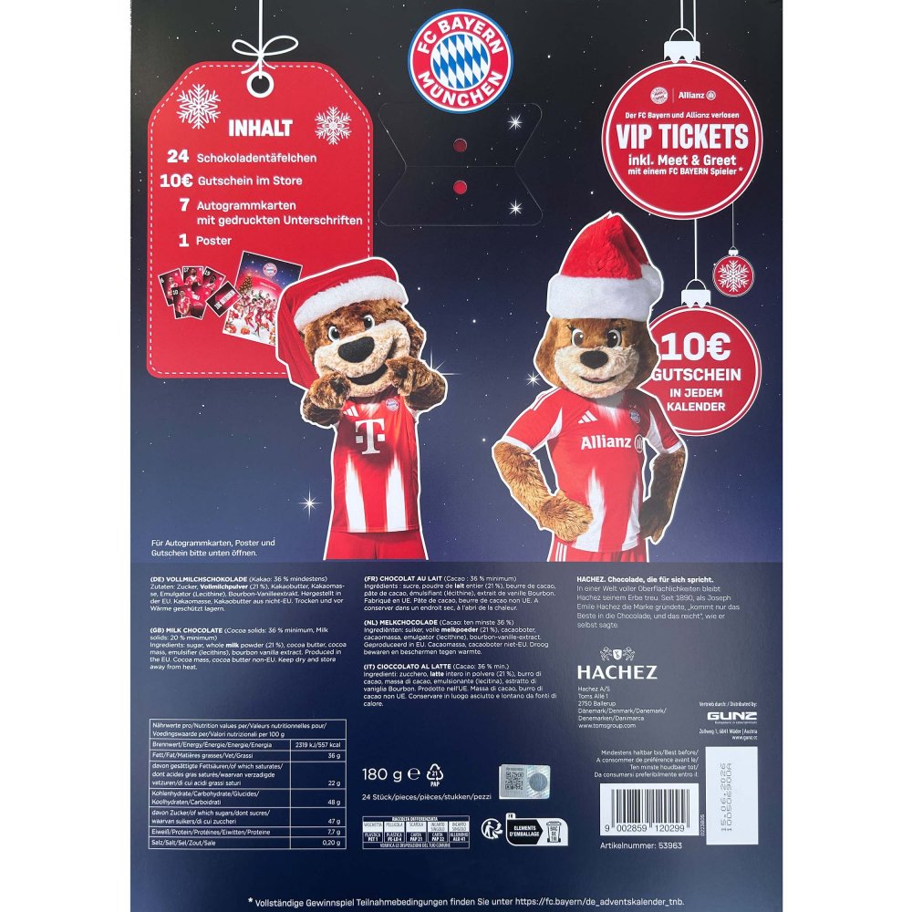 Schoko Adventskalender 2025  Rückseite 53963 50407 FC Bayern München