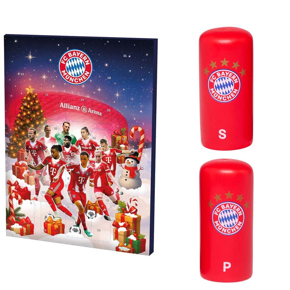 Schoko Adventskalender 2025 53963 + Salz- & Pfefferstreuer Logo 29906 FC Bayern München