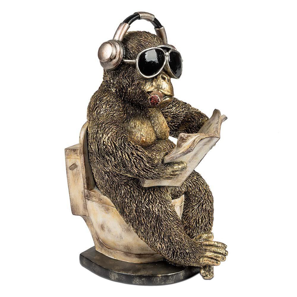 Affe sitzend auf Toilette mit Zeitung + Zigarre antik-gold 29 cm handbemal<t 759986 formano
