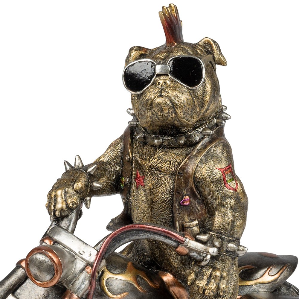 Detailansicht Bulldogge auf Motorrad mit Sonnenbrille antik-gold 34 cm handbemalt 759214 formano