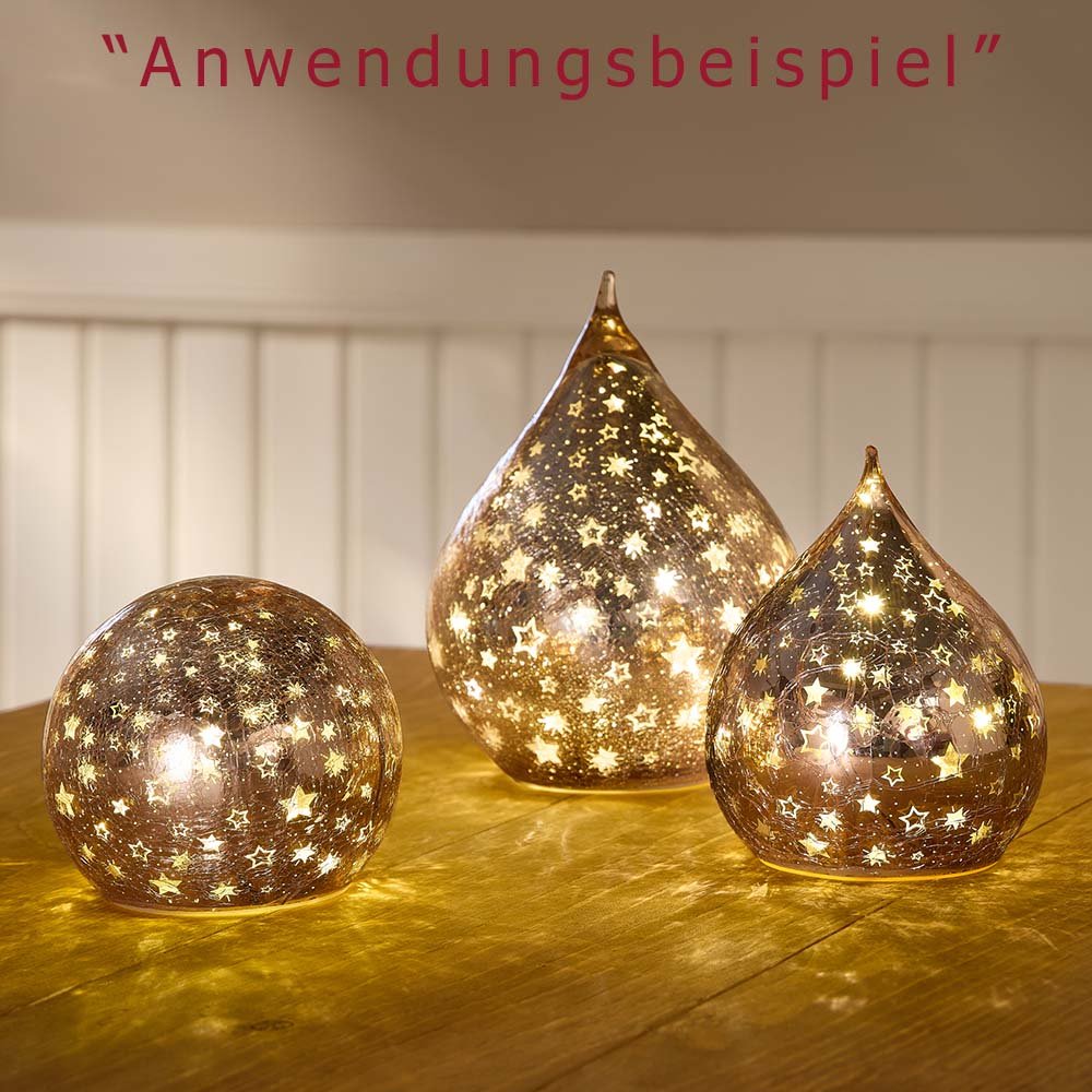 Deko-Tropfen 15, 20 o. 23 cm Rose-Gold Sterne mit LED-Licht Glas Werbefoto 750150 750174 750198 formano