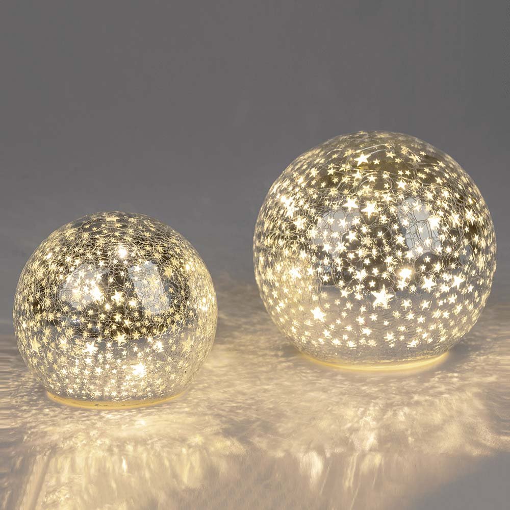 Deko-Kugel 12 o. 15 cm Silber Sterne mit LED-Licht Glas 750013 750020 formano