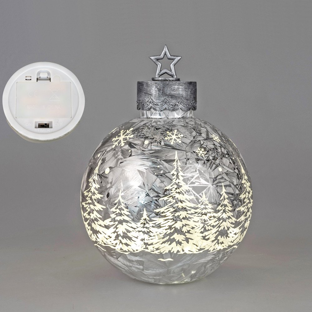 Deko-Kugel Frosty-Silber mit Batteriefach mit LED-Licht Glas formano