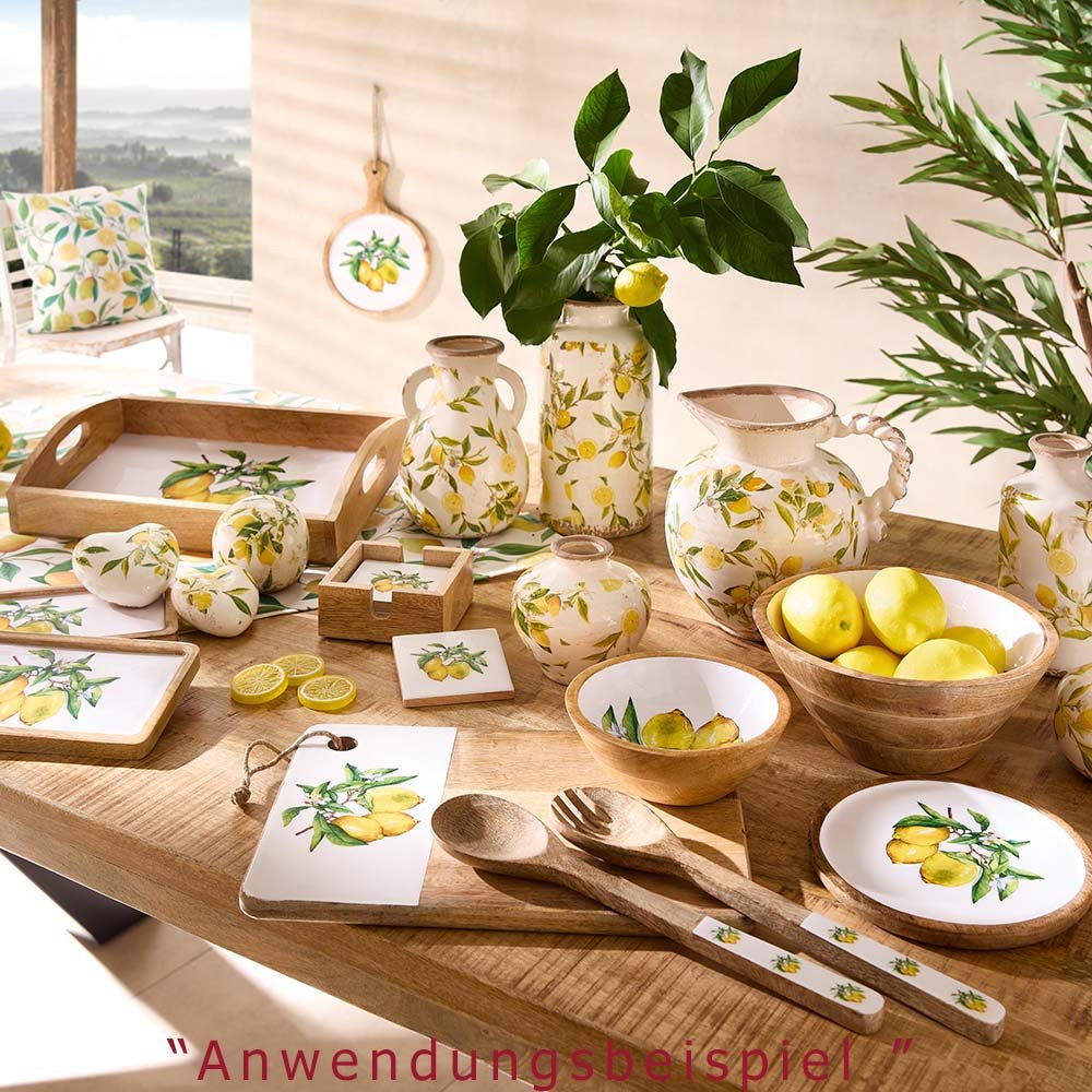 Tablett rund 35 cm weisser Emaille-Farbe Zitronen-Dekor Mango-Holz Werbefoto 618832 formano