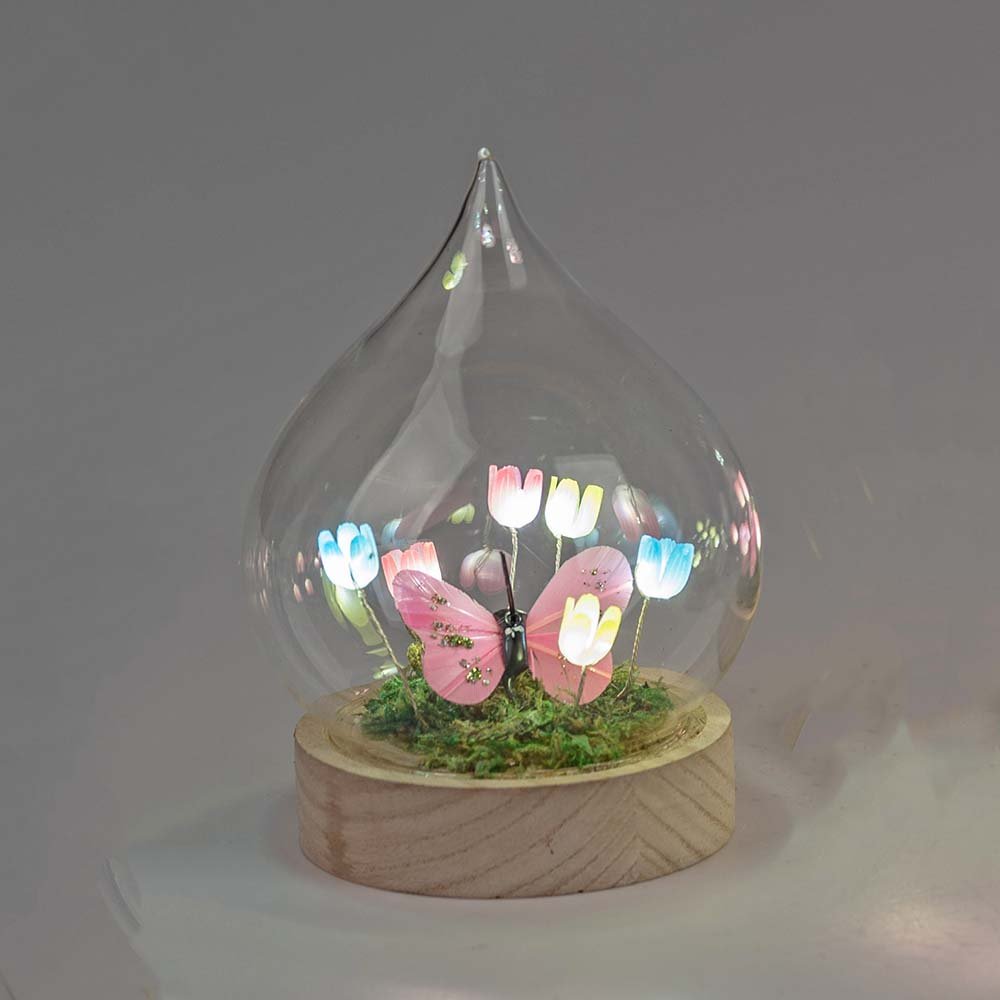 Deko-Kugel 14 cm mehrfarbig auf Holzsockel Blumendeko mit LED-Licht Glas 816627 formano