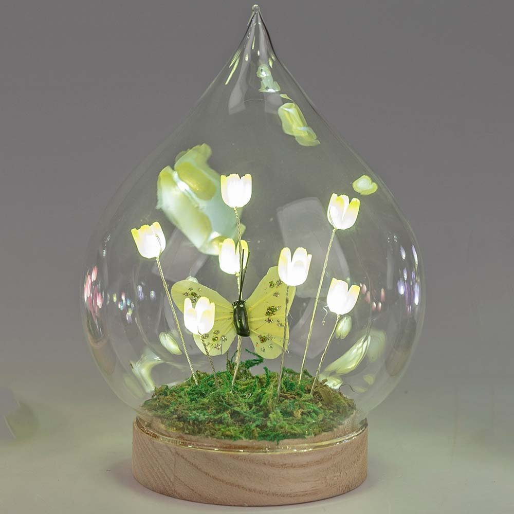 Deko-Kugel 16 cm gelb auf Holzsockel Blumendeko mit LED-Licht Glas 816634 formano
