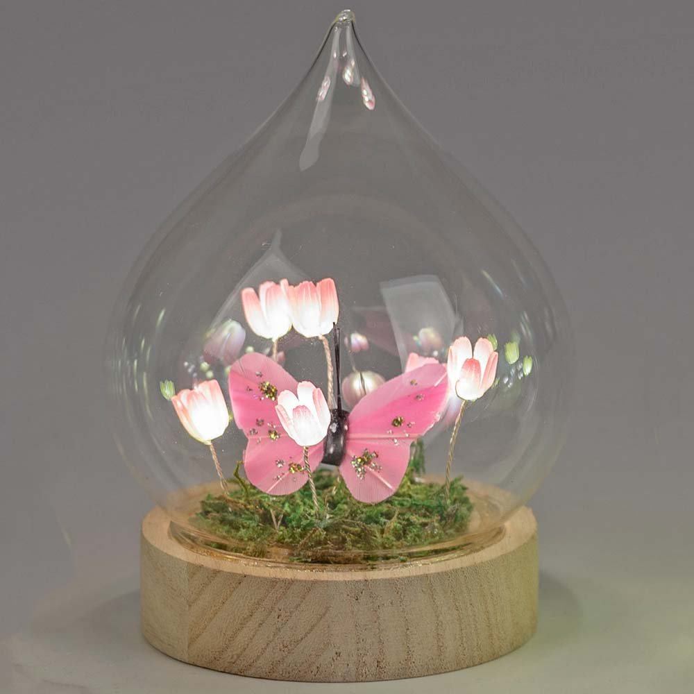 Deko-Kugel 16 cm rosa auf Holzsockel Blumendeko mit LED-Licht Glas 816634 formano