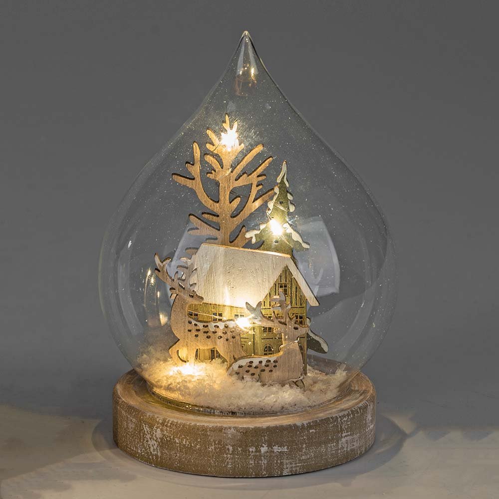 Deko-Kugel 17 cm Haus + Hirsch + Tanne + Schnee mit LED-Licht Glas 816139 formano