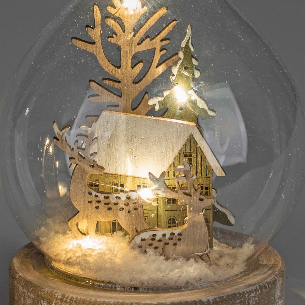 Detailansicht Deko-Kugel 17 cm Haus + Hirsch + Tanne + Schnee mit LED-Licht Glas 816139 formano