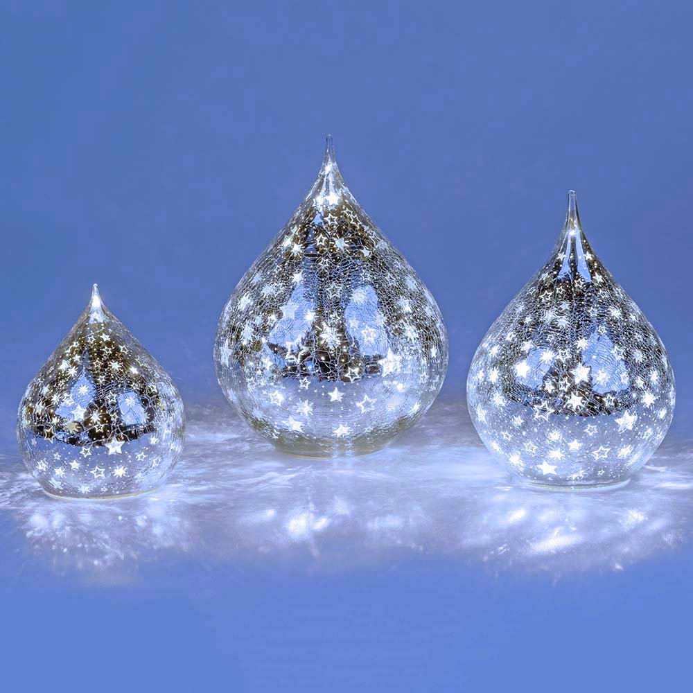 Deko-Tropfen 15, 20 o. 23 cm Sterne-Silber mit LED-Licht Glas 750037 750044 750051 formano