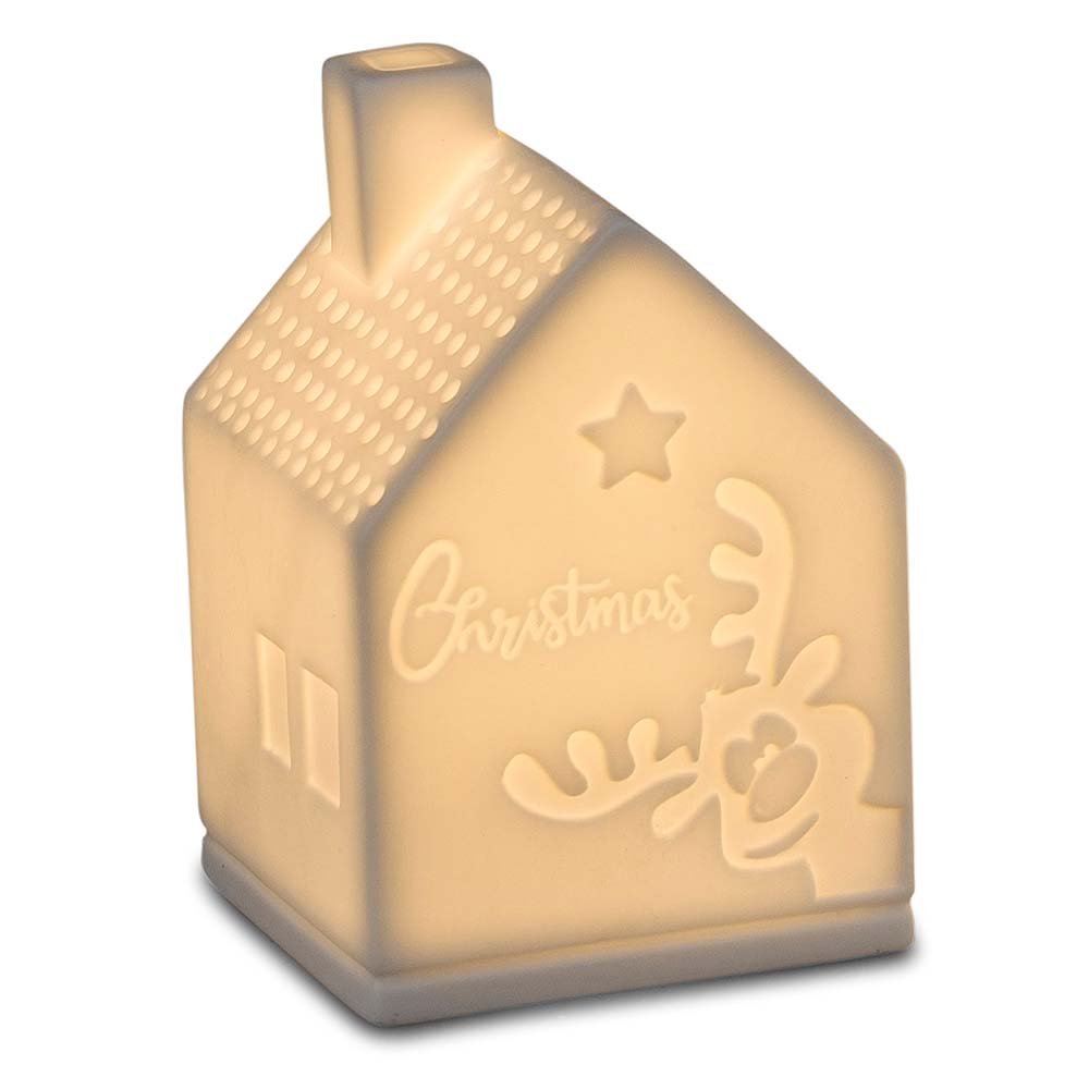 Haus 9 cm Christmas mit Elch Porzellan LED-Licht 787248 formano