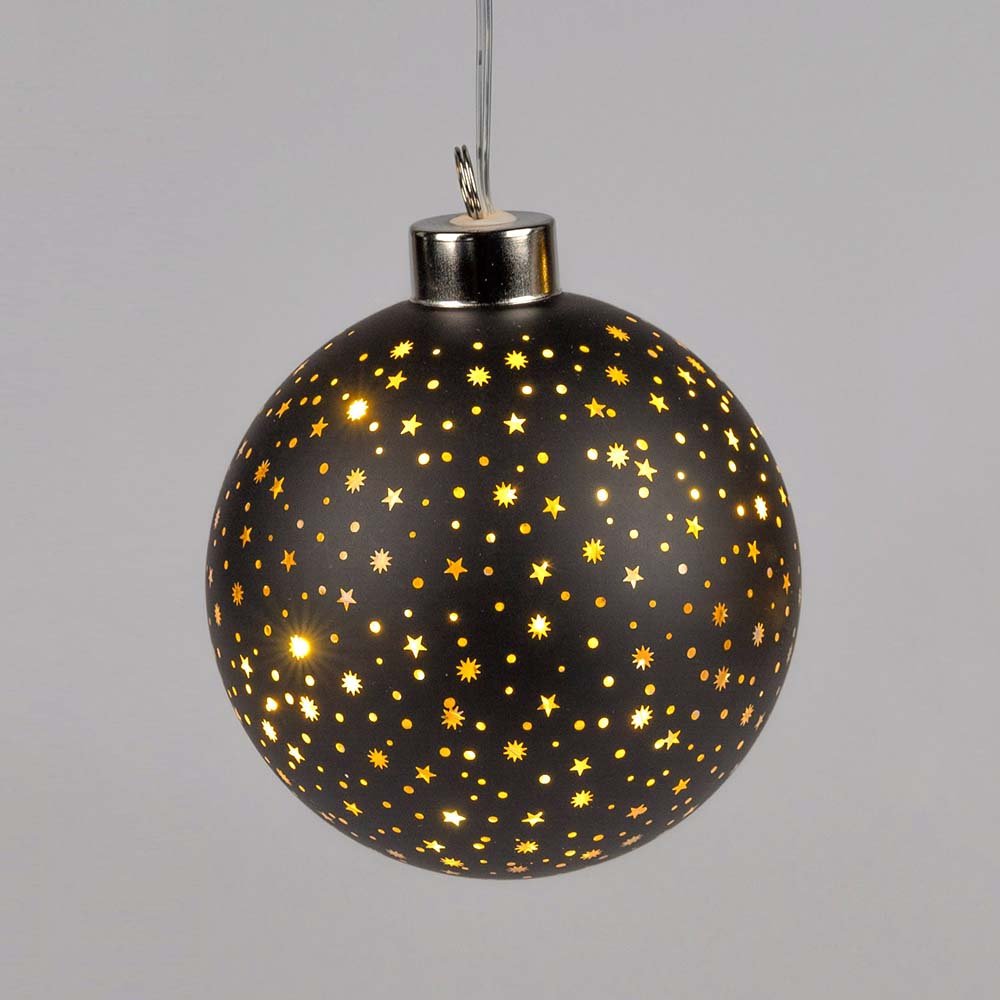 Hänger Kugel 10 cm Sterne-Schwarz mit LED-Licht Glas 814531 formano