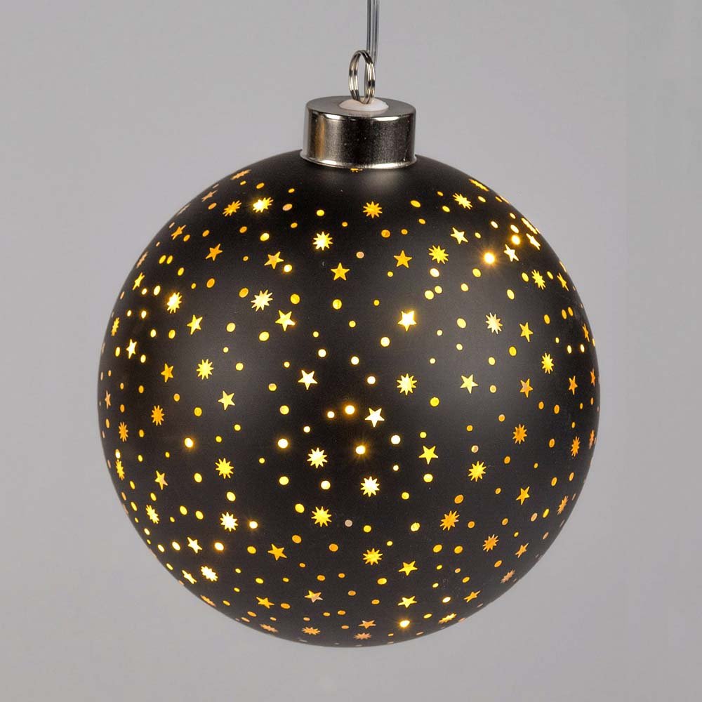 Hänger Kugel 12 cm Sterne-Schwarz mit LED-Licht Glas 814548 formano