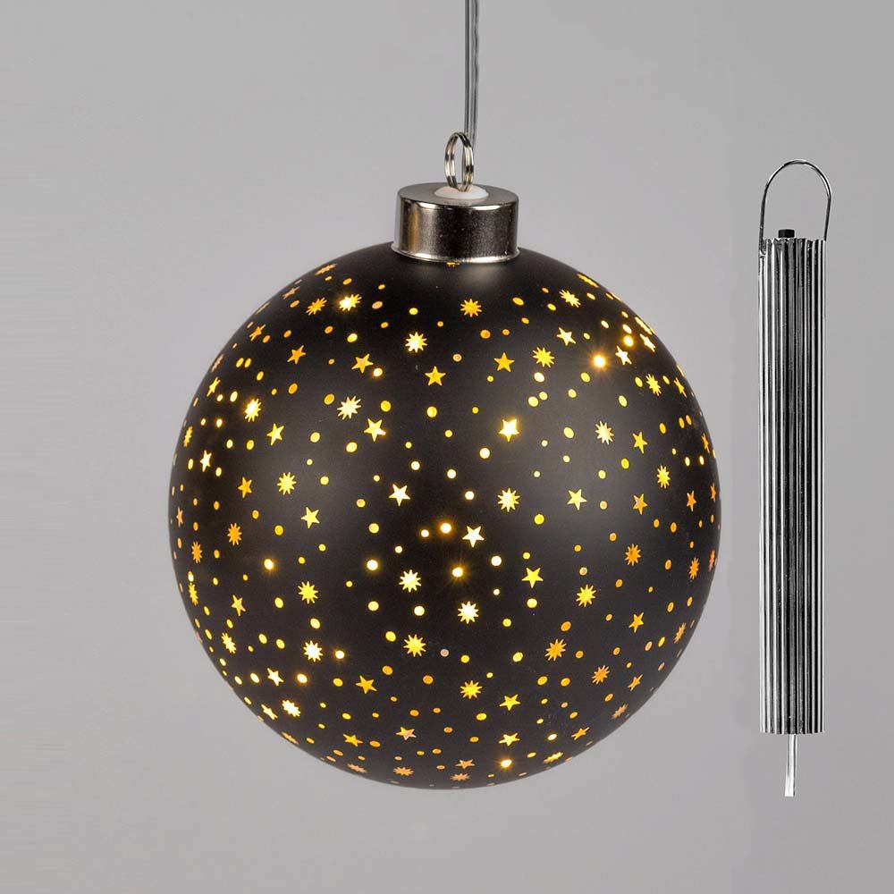 Hänger Kugel 15 cm Sterne-Schwarz mit LED-Licht Glas Batterie 814555 formano