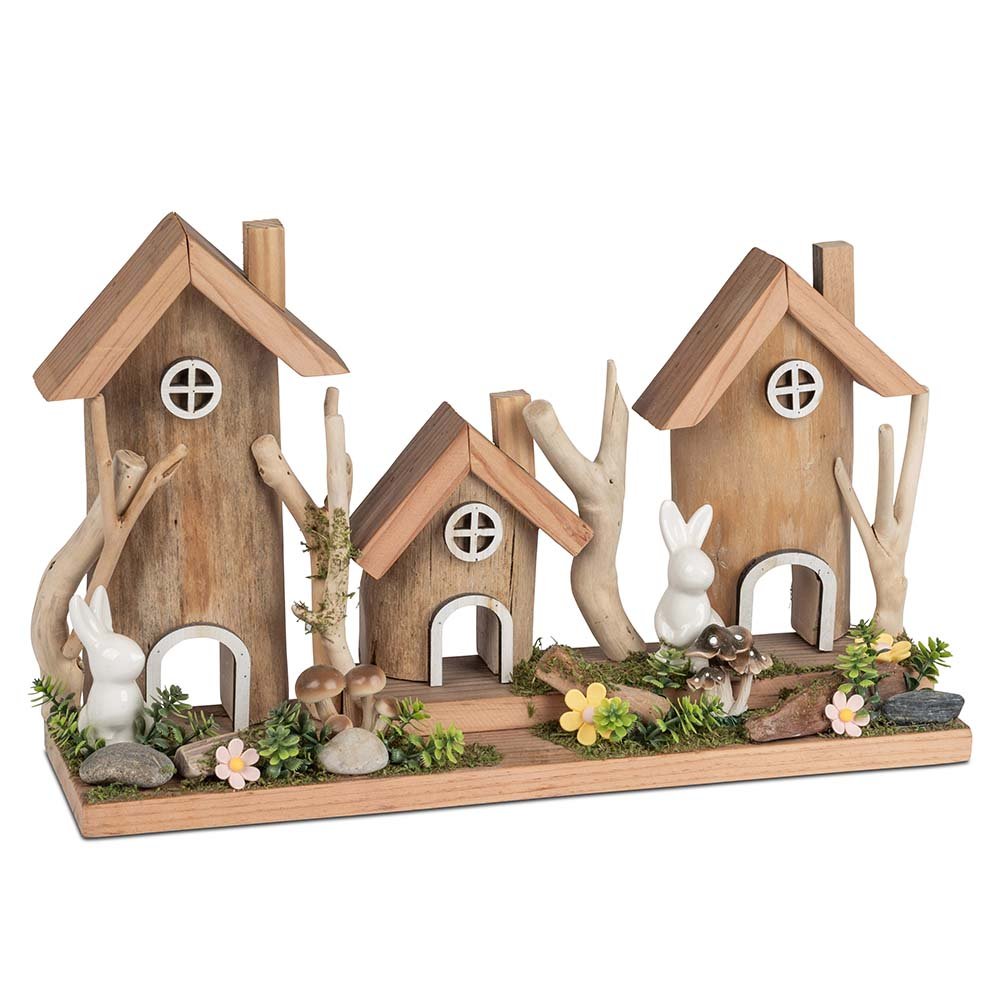 3 Häuser + Hasen 37 cm Holz Keramik 583871 Ostern formano