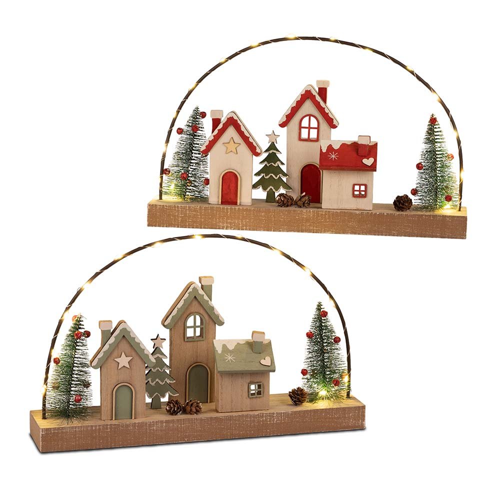 Häuserzeile mit Lichtbogen 35 cm aus Holz Led-Licht 544452 formano