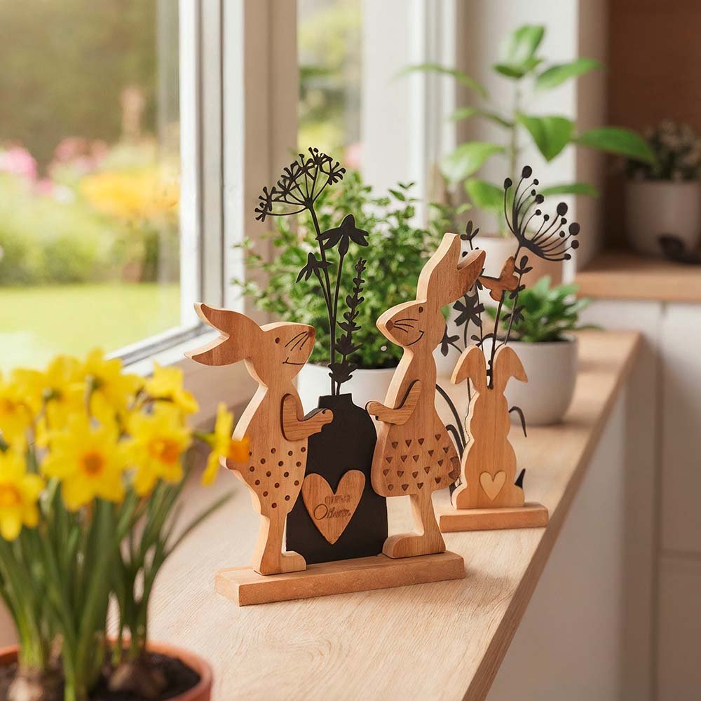 2 Hasen Holz + Blumen Vase Metall 30 cm Werbefoto 587268 Ostern formano